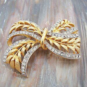 JJ Jonette Jewelry Gold-Tone Rhinestone Ribbon Wheat Design Bow Brooch Pin Vtg